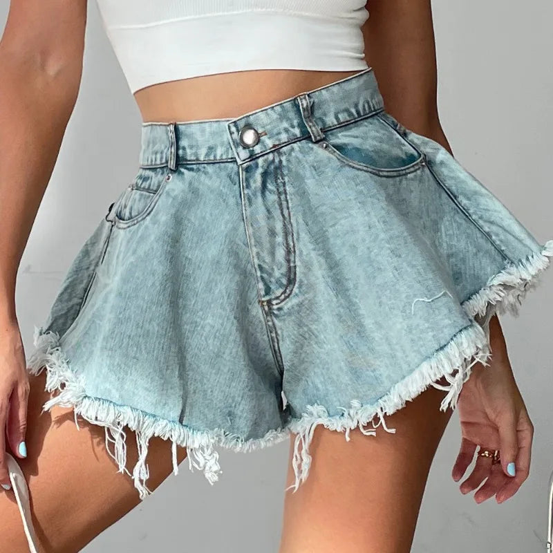 Denim Shorts Women Ripped High Waist Loose Fringe Jeans