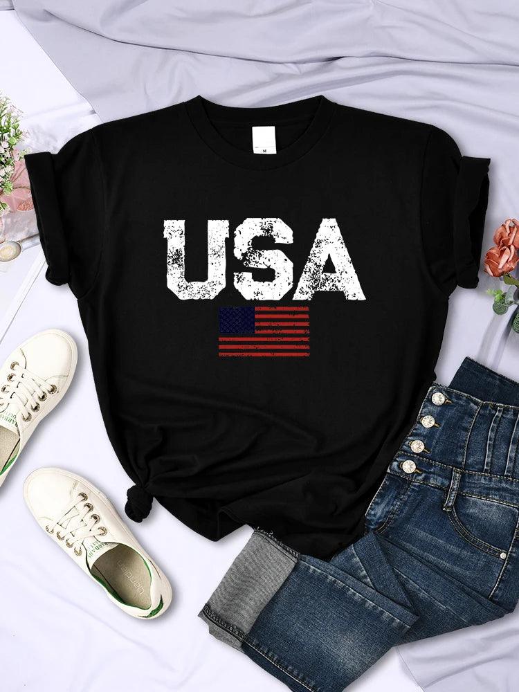 USA Letters American Flag Stars and Stripes Printed Women T-Shirts Street Hip Hop Tee Clothing Summer Breathable Tshirt Female - Chicmei