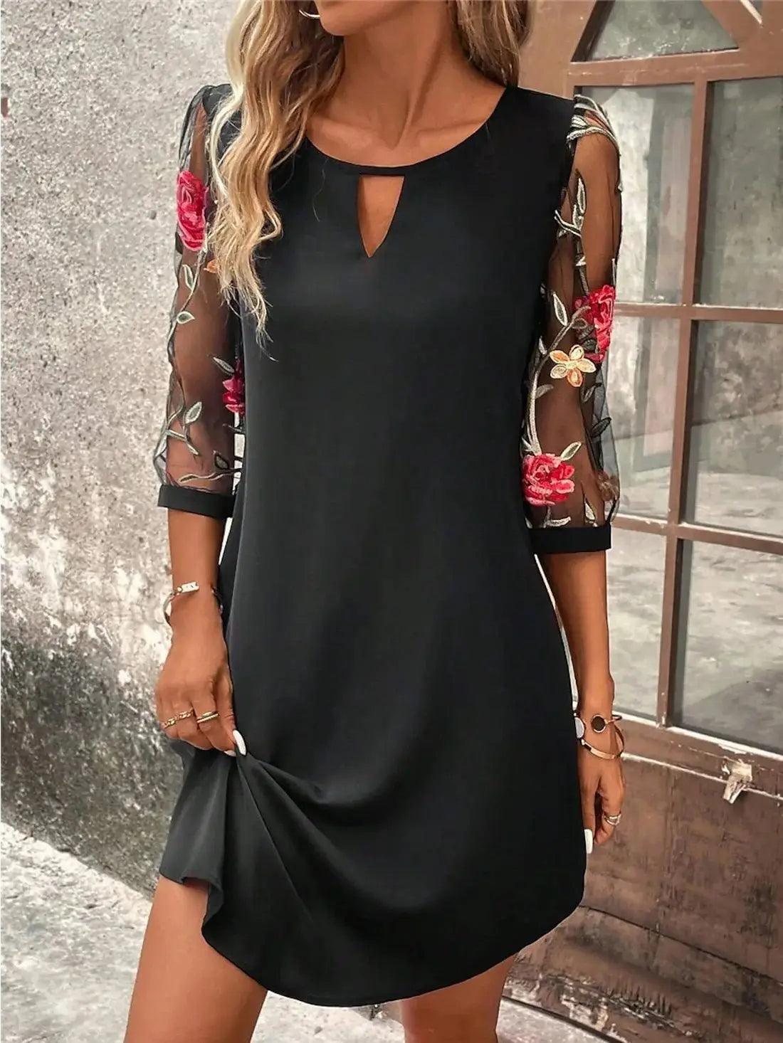 Luxury Dress Women's Perspective Mid Sleeve Printed Round Neck Mini Skirt Summer Party Dress - Chicmei