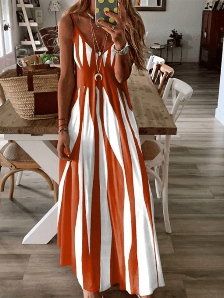 Sexy Sleeveless Dress Women Black White Stripe Printed Long Dresses Summer Casual Vacation Party Dress Robe - Chicmei