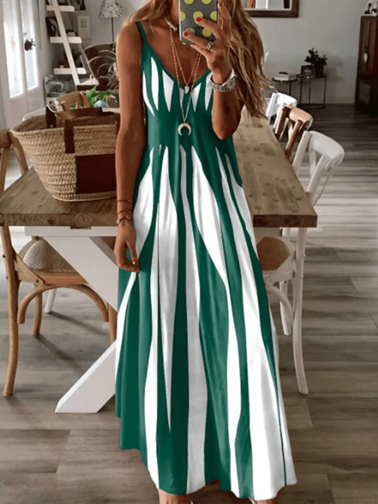 Sexy Sleeveless Dress Women Black White Stripe Printed Long Dresses Summer Casual Vacation Party Dress Robe - Chicmei