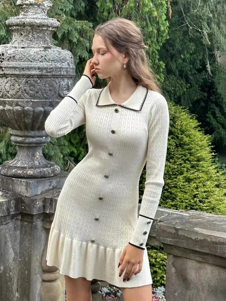 High Waist Ruffled Maxi Dresses Knitted Slim Long Vintage Dress - Chicmei