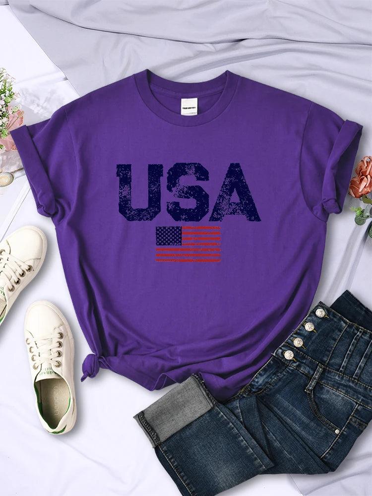 USA Letters American Flag Stars and Stripes Printed Women T-Shirts Street Hip Hop Tee Clothing Summer Breathable Tshirt Female - Chicmei