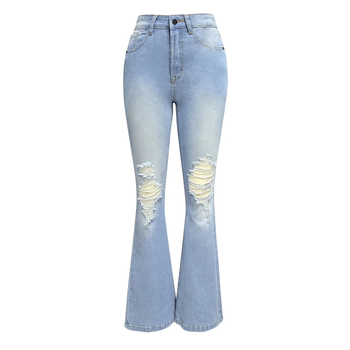 Women Ripped Flared Jeans Mid Waist Wide Leg Bootcut Denim Pants Streetwear