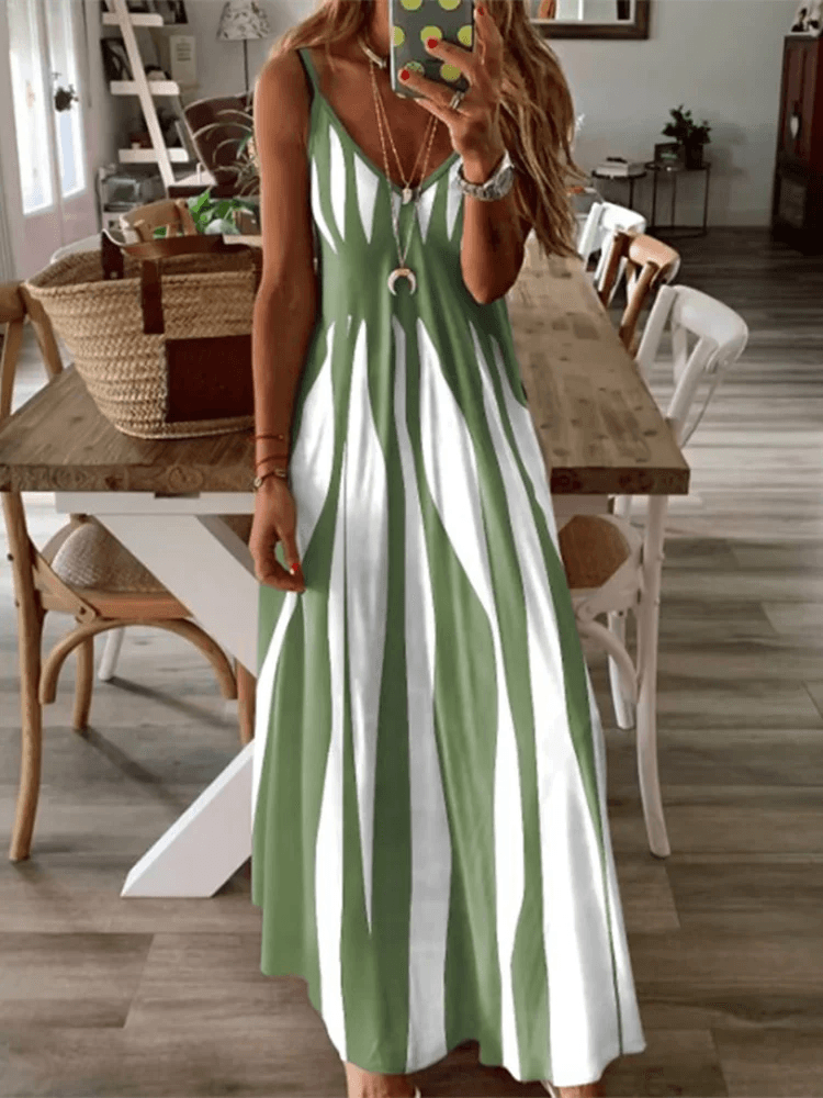 Sexy Sleeveless Dress Women Black White Stripe Printed Long Dresses Summer Casual Vacation Party Dress Robe - Chicmei