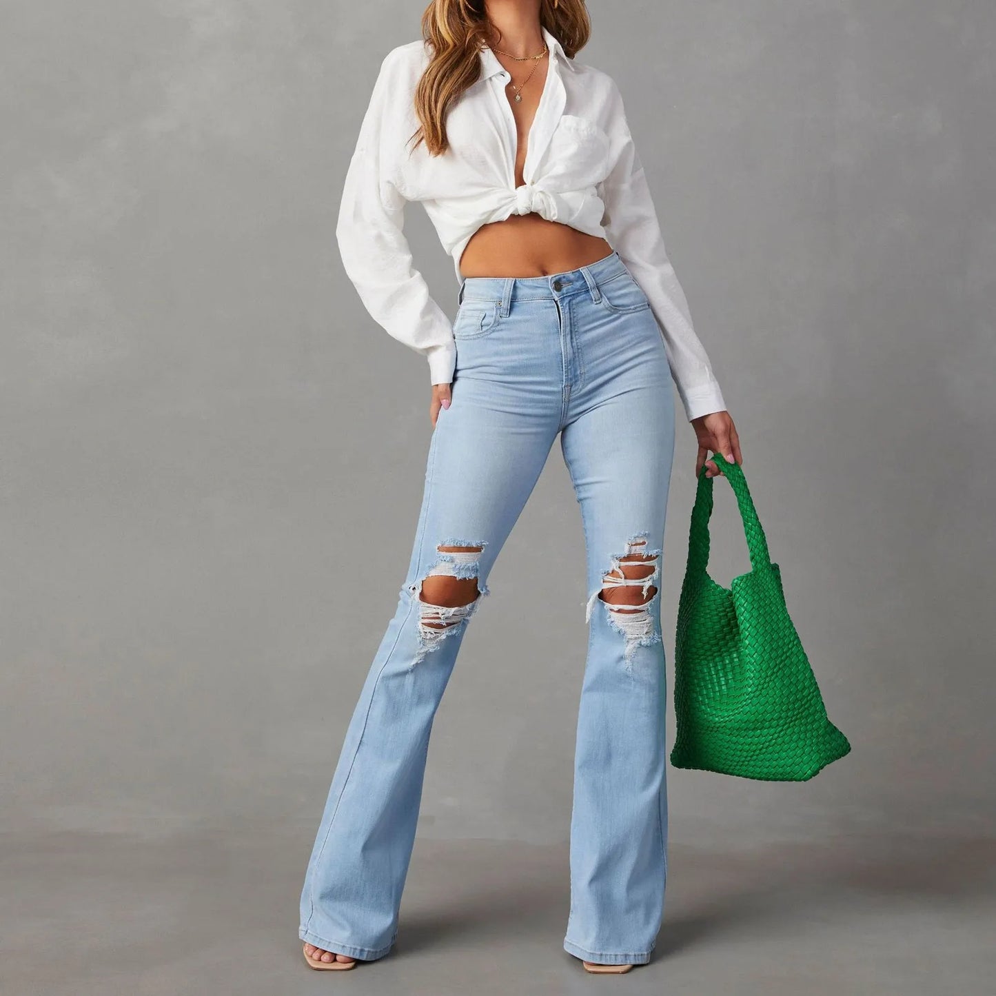 Women Ripped Flared Jeans Mid Waist Wide Leg Bootcut Denim Pants Streetwear