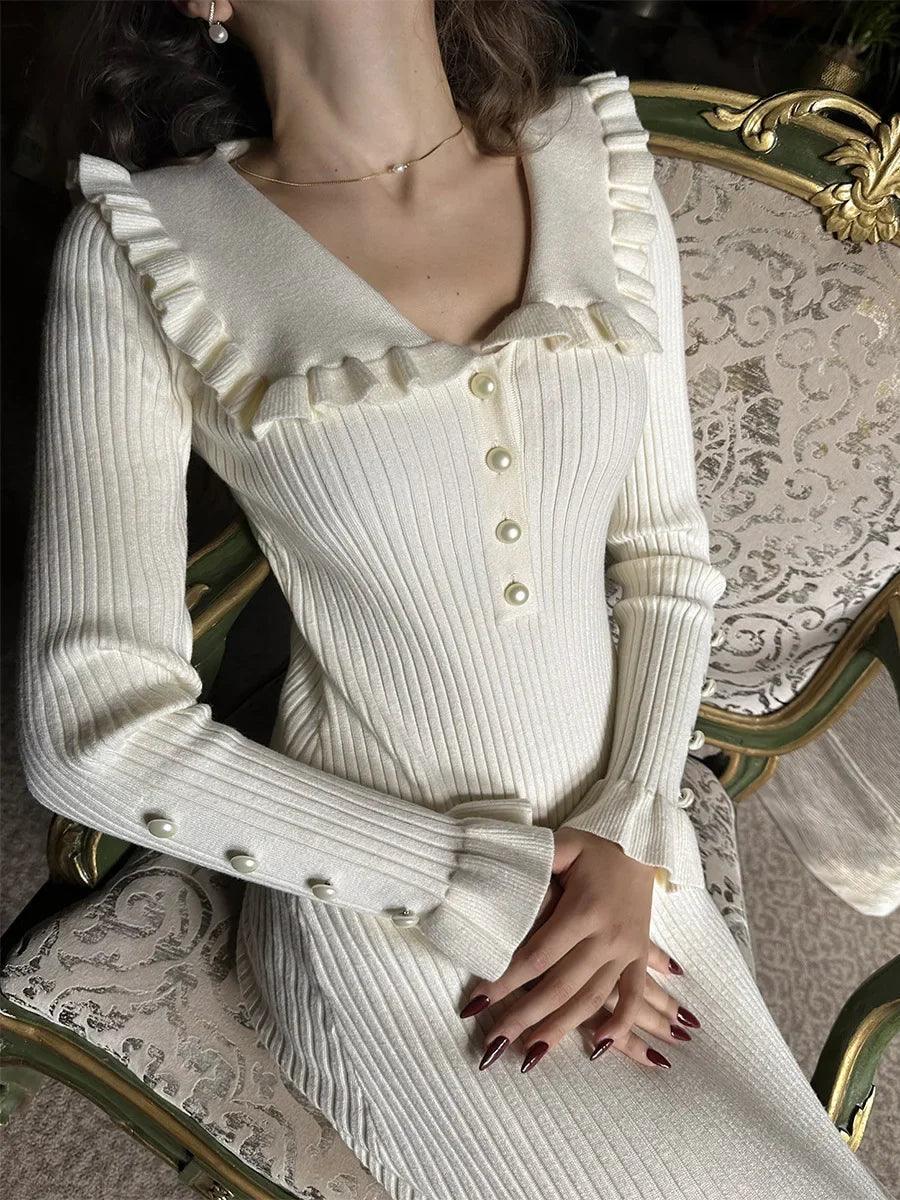 High Waist Ruffled Maxi Dresses Knitted Slim Long Vintage Dress - Chicmei