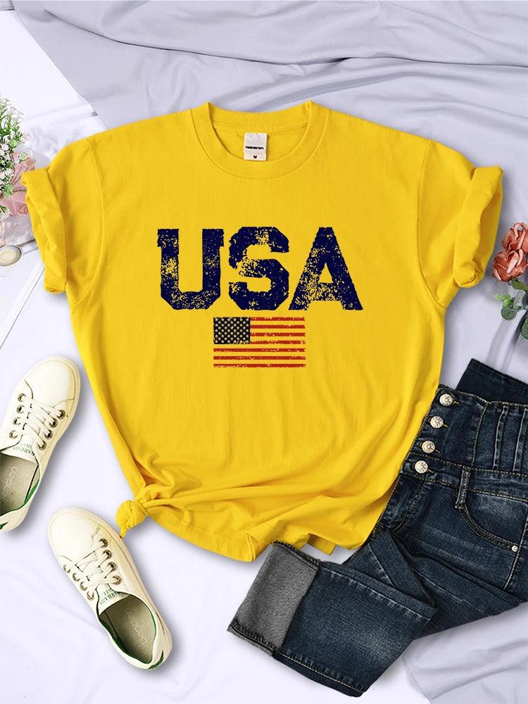 USA Letters American Flag Stars and Stripes Printed Women T-Shirts Street Hip Hop Tee Clothing Summer Breathable Tshirt Female - Chicmei