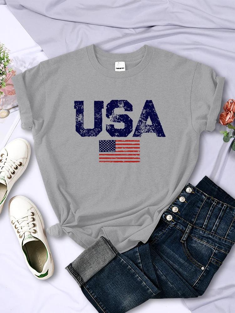 USA Letters American Flag Stars and Stripes Printed Women T-Shirts Street Hip Hop Tee Clothing Summer Breathable Tshirt Female - Chicmei