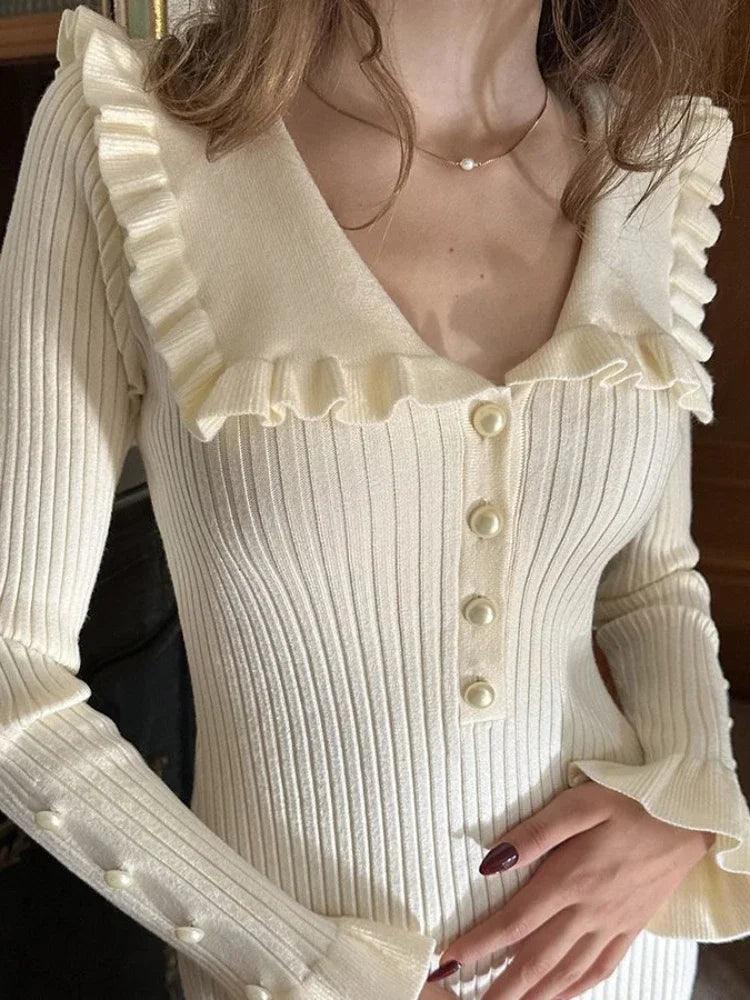 High Waist Ruffled Maxi Dresses Knitted Slim Long Vintage Dress - Chicmei