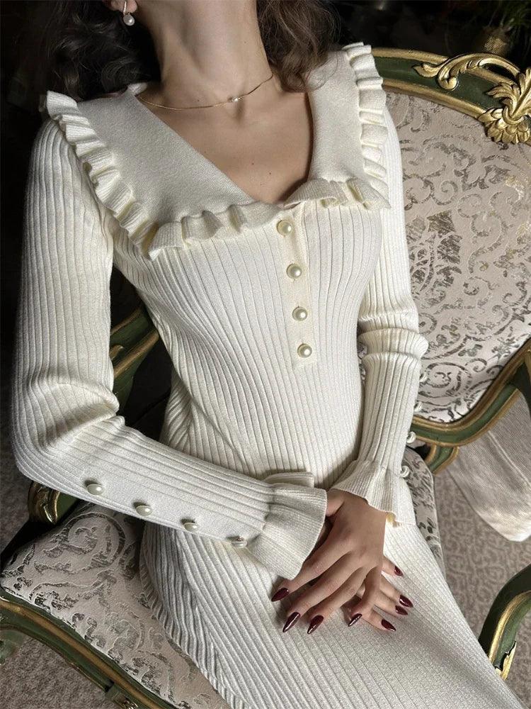 High Waist Ruffled Maxi Dresses Knitted Slim Long Vintage Dress - Chicmei