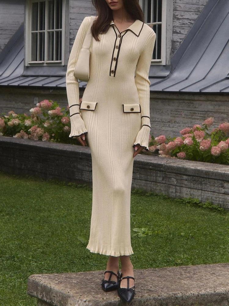 High Waist Ruffled Maxi Dresses Knitted Slim Long Vintage Dress - Chicmei