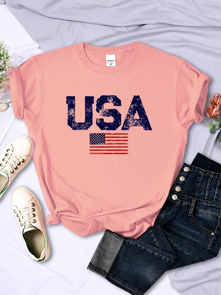 USA Letters American Flag Stars and Stripes Printed Women T-Shirts Street Hip Hop Tee Clothing Summer Breathable Tshirt Female - Chicmei
