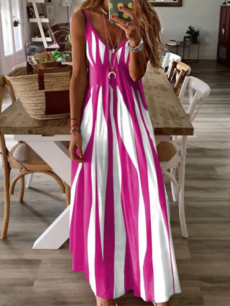 Sexy Sleeveless Dress Women Black White Stripe Printed Long Dresses Summer Casual Vacation Party Dress Robe - Chicmei