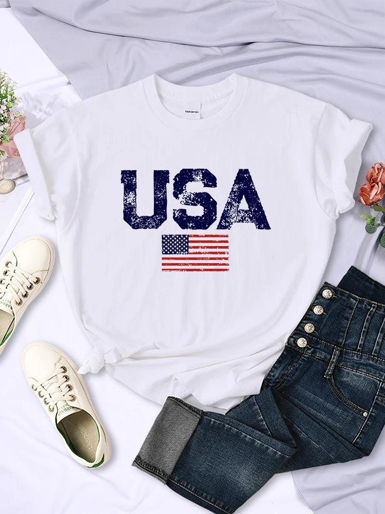 USA Letters American Flag Stars and Stripes Printed Women T-Shirts Street Hip Hop Tee Clothing Summer Breathable Tshirt Female - Chicmei