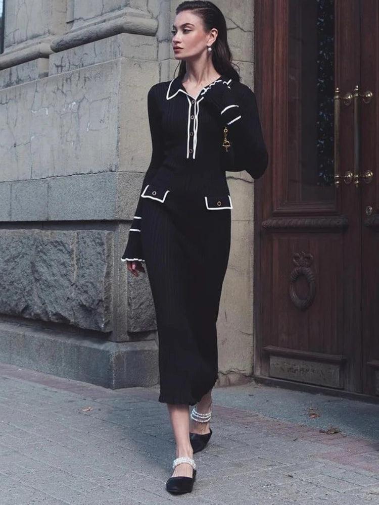 High Waist Ruffled Maxi Dresses Knitted Slim Long Vintage Dress - Chicmei