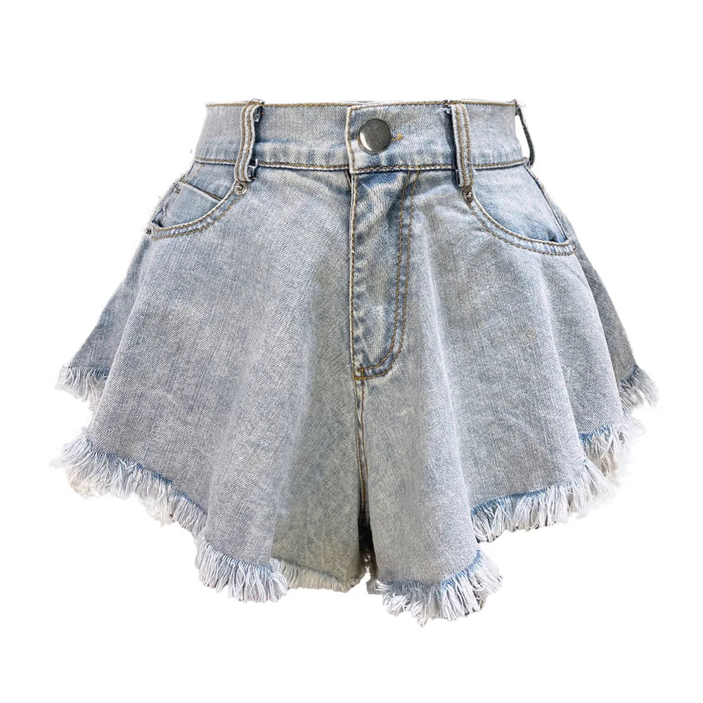 Denim Shorts Women Ripped High Waist Loose Fringe Jeans