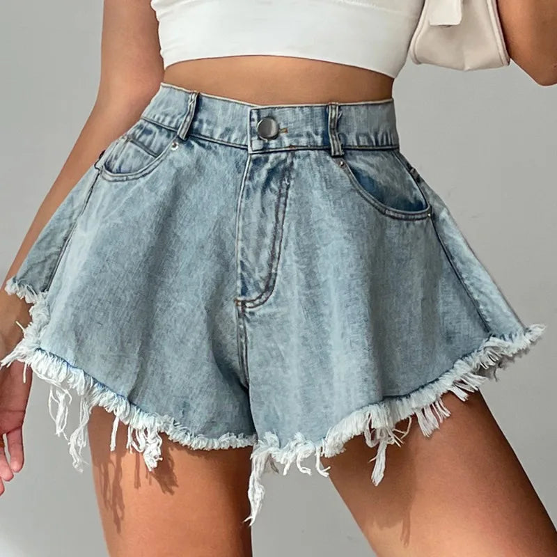 Denim Shorts Women Ripped High Waist Loose Fringe Jeans