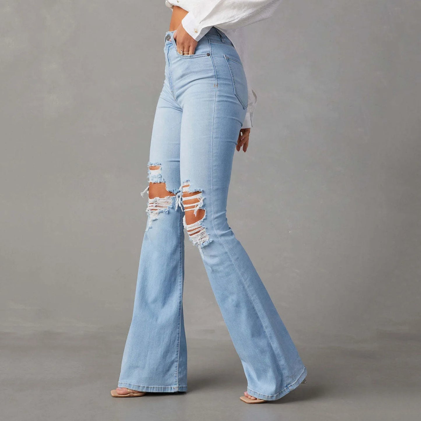 Women Ripped Flared Jeans Mid Waist Wide Leg Bootcut Denim Pants Streetwear