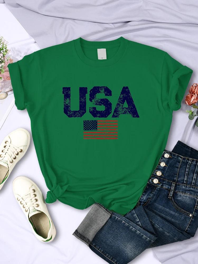 USA Letters American Flag Stars and Stripes Printed Women T-Shirts Street Hip Hop Tee Clothing Summer Breathable Tshirt Female - Chicmei