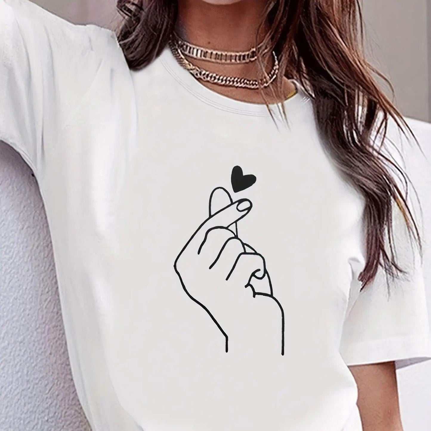 Cute Print Solid Crew Neck T-Shirt, Short Sleeve Casual Every Day Top For All Season, Women's Clothing - Chicmei