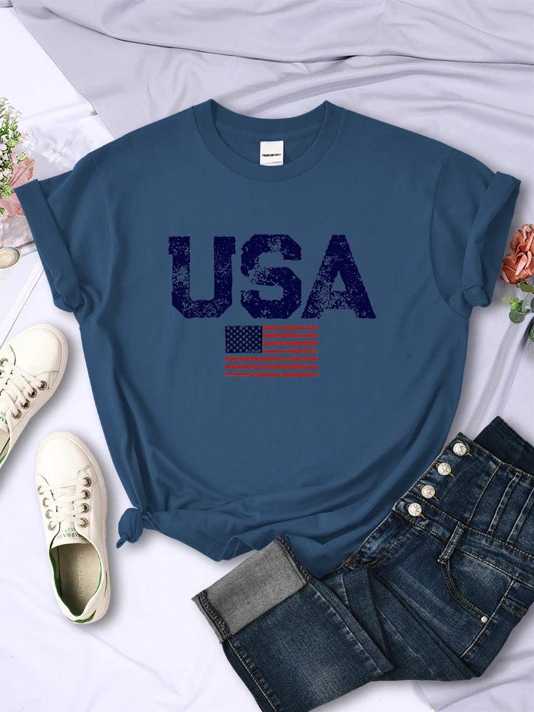 USA Letters American Flag Stars and Stripes Printed Women T-Shirts Street Hip Hop Tee Clothing Summer Breathable Tshirt Female - Chicmei