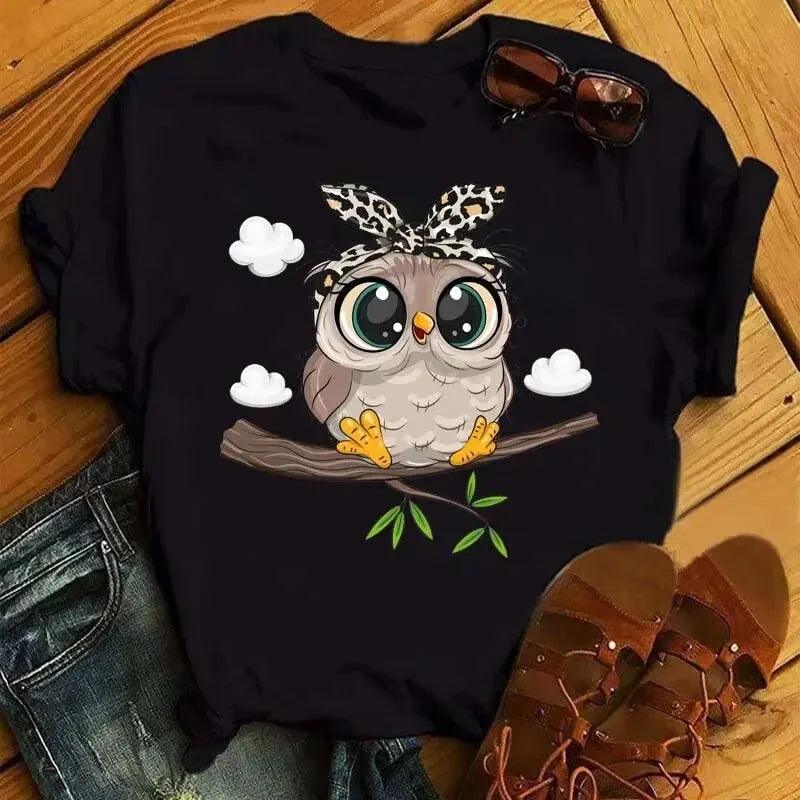 Cartoon Owl Print T Shirt Women Kawaii Graphic Shirts Casual Short Sleeved Black Female Tee O-neck Harajuku T-shirts - Chicmei