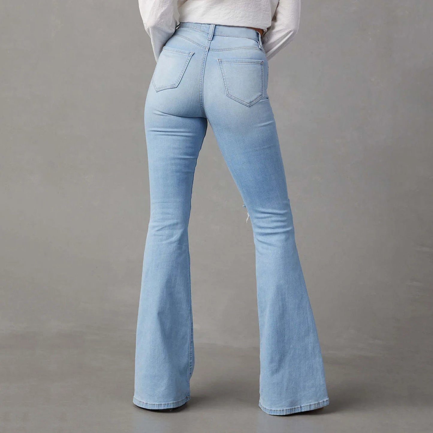 Women Ripped Flared Jeans Mid Waist Wide Leg Bootcut Denim Pants Streetwear
