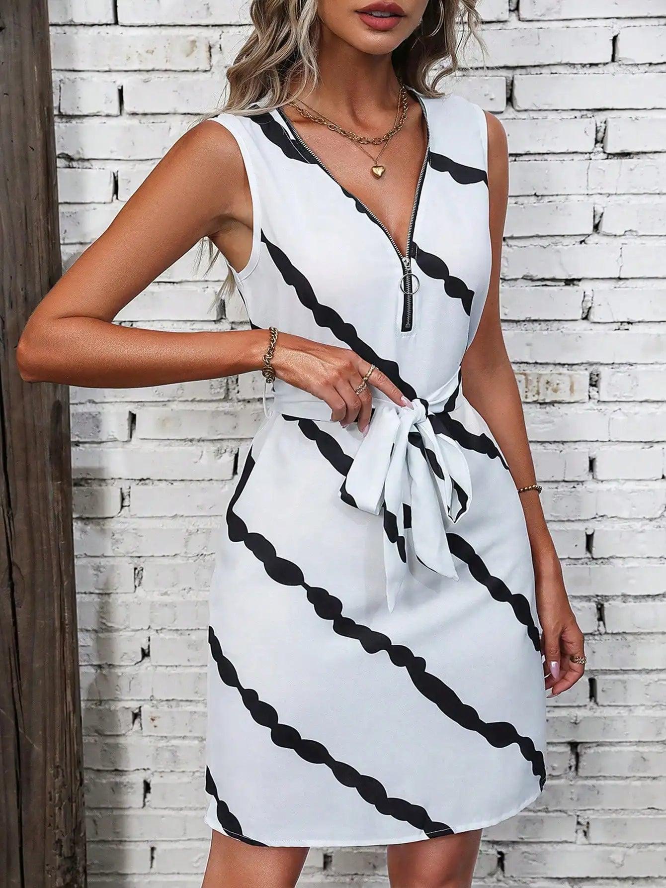 European And American Cross-Border Women's Fashionable And Elegant Striped Printed Belt Dress - Chicmei
