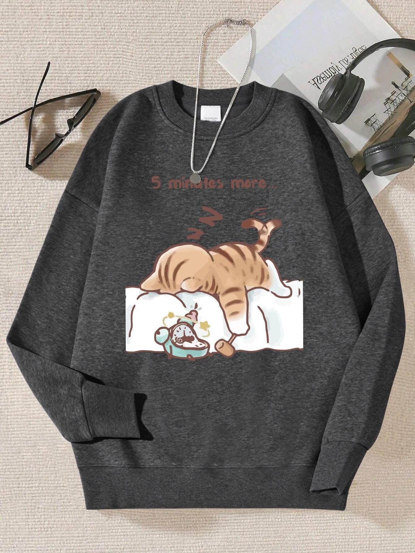 The Cat That Always Wants To Sleep Pattern Printed Hooded Women Simple Warm Autumn Sweatshirt Street Casual Unisex Pullovers - Chicmei
