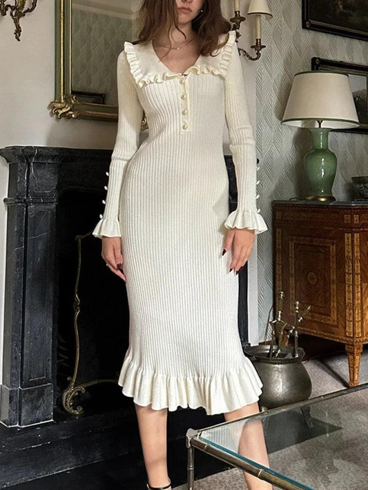 High Waist Ruffled Maxi Dresses Knitted Slim Long Vintage Dress - Chicmei