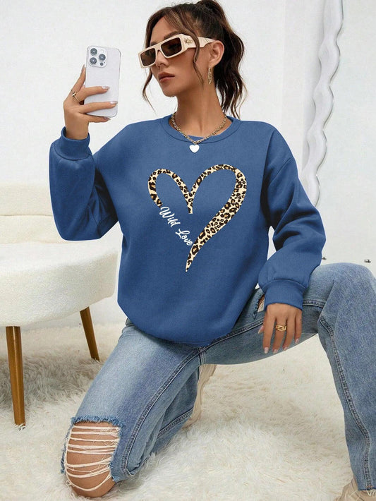 Leopard Wild Heart Pattern Print Female Sweatshirt Street Fur-Liner Pullovers Hipster Clothing All-Match Crewneck Tracksuit - Chicmei