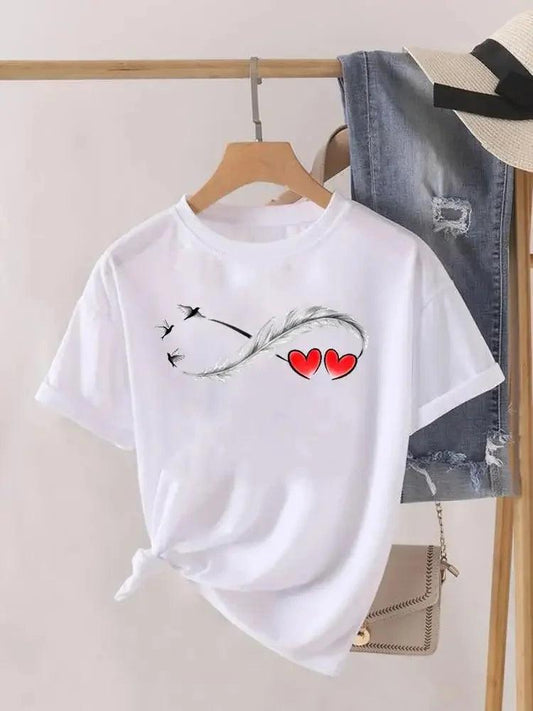 Love Heart Feather Trend Women Fashion Clothing Graphic T-shirts Clothes Print Female Shirt Short Sleeve Lady Casual Tee - Chicmei