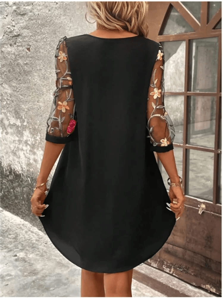 4 Solid Color Transparent Mid Sleeve Dress Women's Floral Printed Round Neck Dress Sexy Dating Party Dress - Chicmei