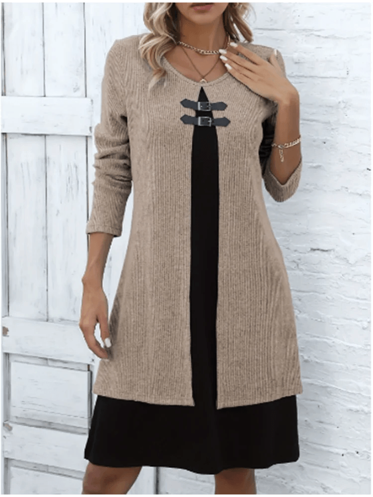 Women's One Piece Color Blocked Round Neck Dress Lady Long Sleeved Button Up Dress Autumn Casual Elegant Dress - Chicmei