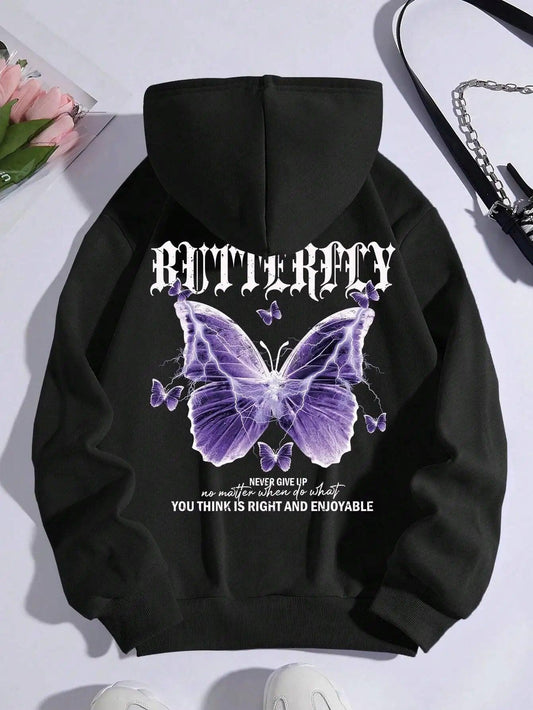 Beautiful Purple Butterfly Printing Hoodies Women Fleece Pocket Hoody Simple Casual Hoodie Autumn Loose Female Streetwear - Chicmei