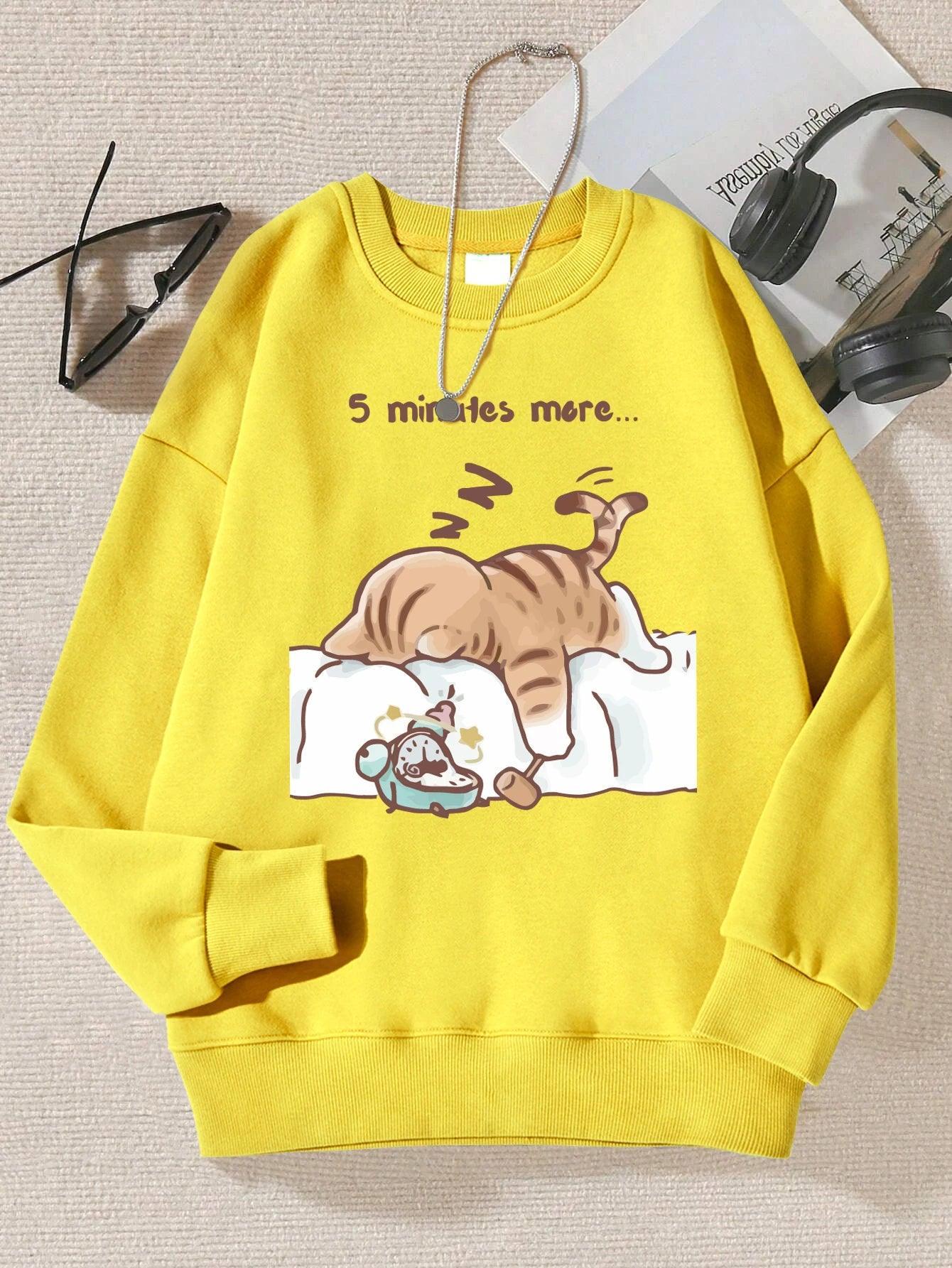 The Cat That Always Wants To Sleep Pattern Printed Hooded Women Simple Warm Autumn Sweatshirt Street Casual Unisex Pullovers - Chicmei