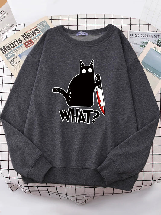 Kitchen Knife Black Cat Wha? Women Sweatshirt Harajuku Casual Hoody Fashion Loose Hoodie Soft Warm vintage Fleece Female Tops - Chicmei