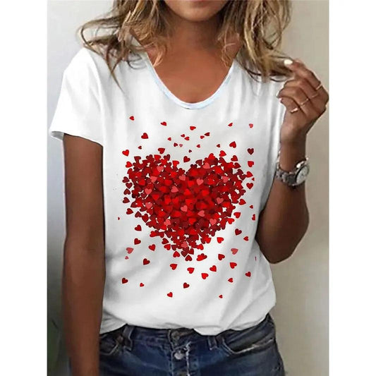 Women Heart Print T-Shirt For Valentine's Day Gifts, Crew Neck Short Sleeve T-Shirt, Casual Every Day Tops, Women's Clothing - Chicmei