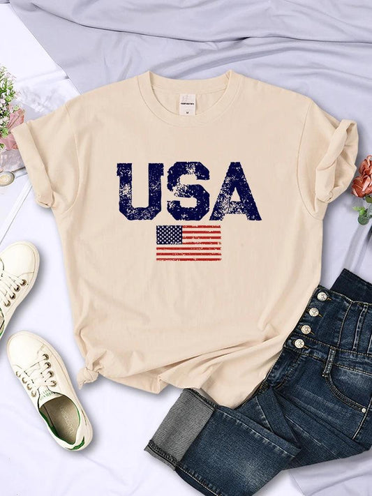 USA Letters American Flag Stars and Stripes Printed Women T-Shirts Street Hip Hop Tee Clothing Summer Breathable Tshirt Female - Chicmei