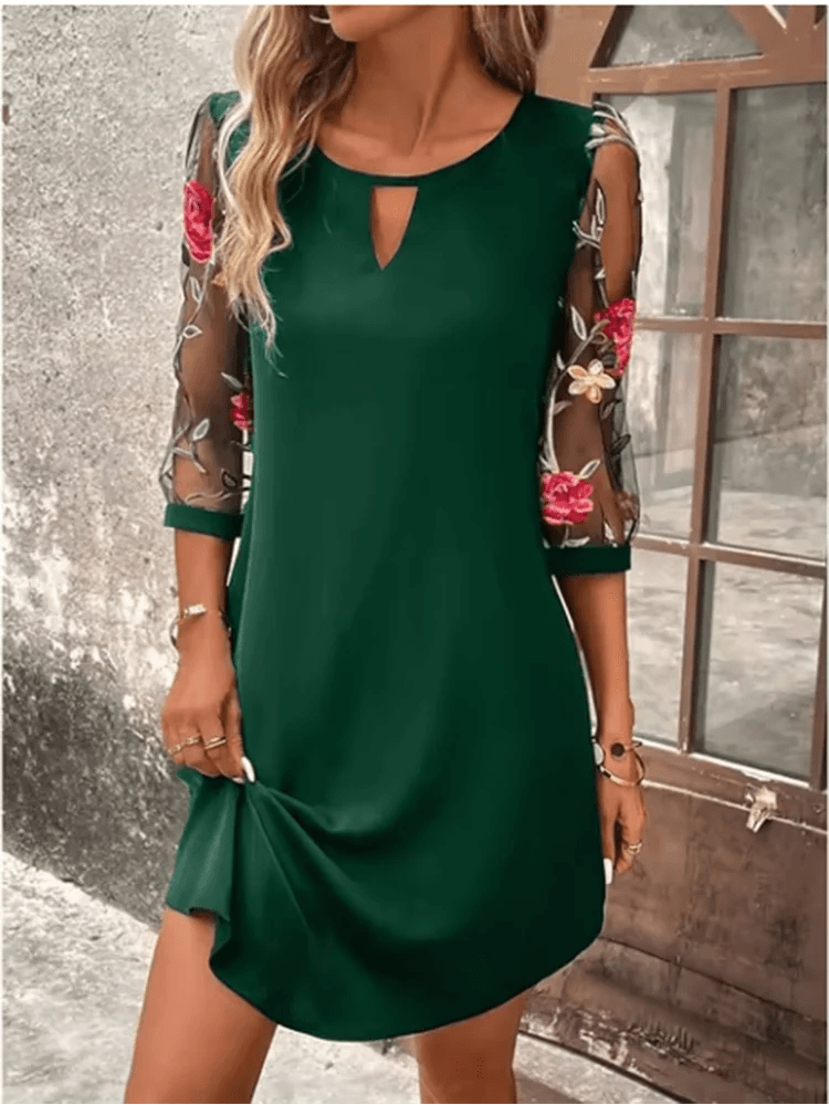 4 Solid Color Transparent Mid Sleeve Dress Women's Floral Printed Round Neck Dress Sexy Dating Party Dress - Chicmei