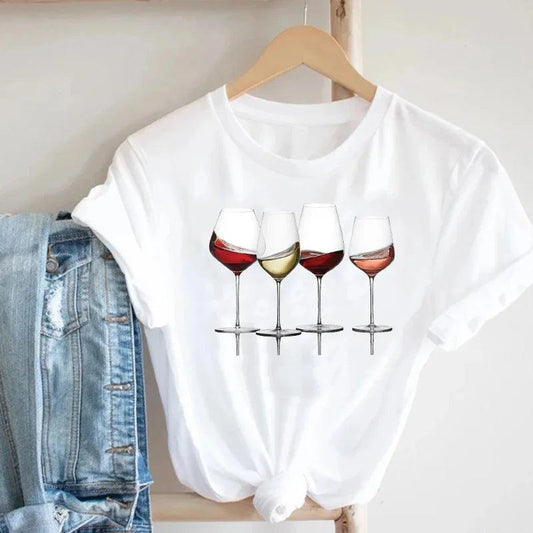 Fashion Trend Short Sleeve Women Ladies T Shirt Top Girl Wine Style Trend Printing Lady Travel Graphic T-Shirt - Chicmei