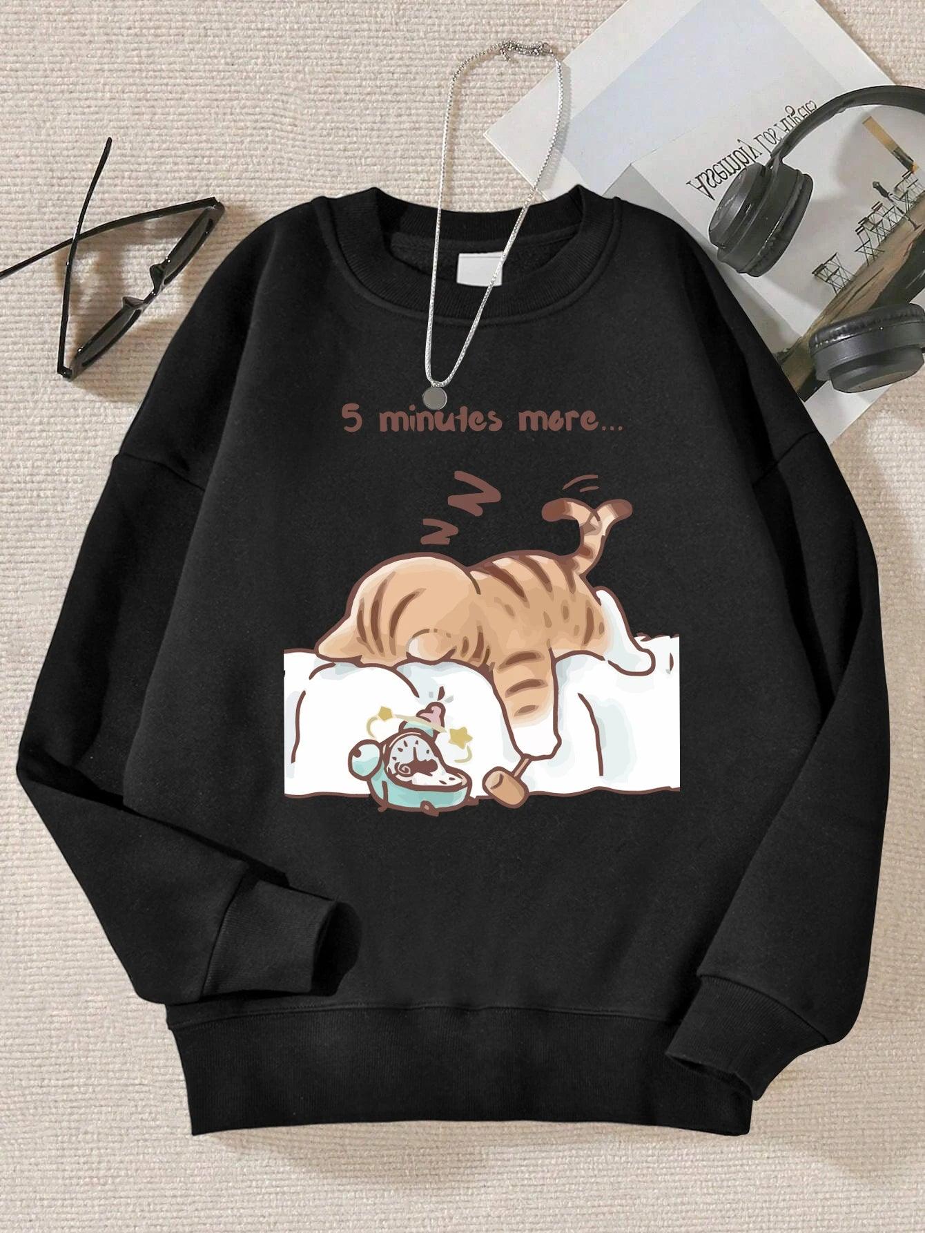 The Cat That Always Wants To Sleep Pattern Printed Hooded Women Simple Warm Autumn Sweatshirt Street Casual Unisex Pullovers - Chicmei