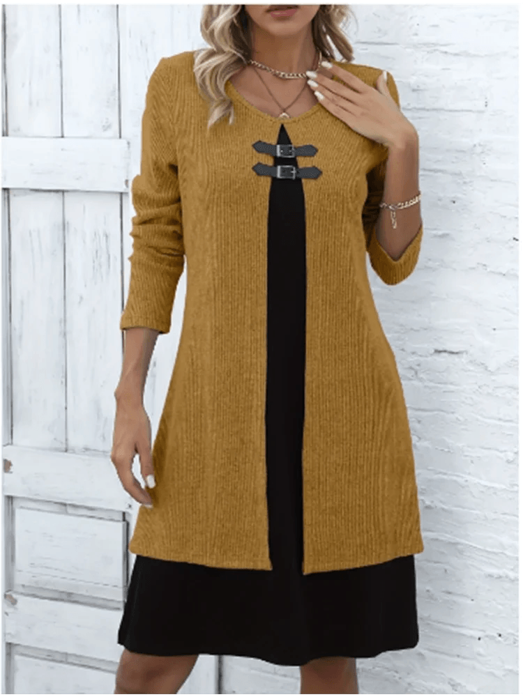 Women's One Piece Color Blocked Round Neck Dress Lady Long Sleeved Button Up Dress Autumn Casual Elegant Dress - Chicmei