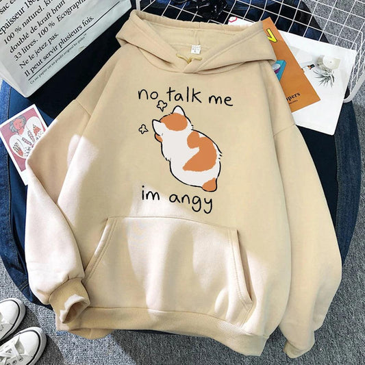 No Talk Me Cute Angry Cat Print Women Hoody Hip Hop Soft Hoodies Casual Fleece Pullovers Oversize Fleece Woman Streetwear - Chicmei