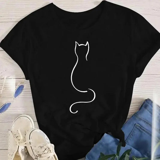 Women Funny Cat O Neck Animal Tops Tee