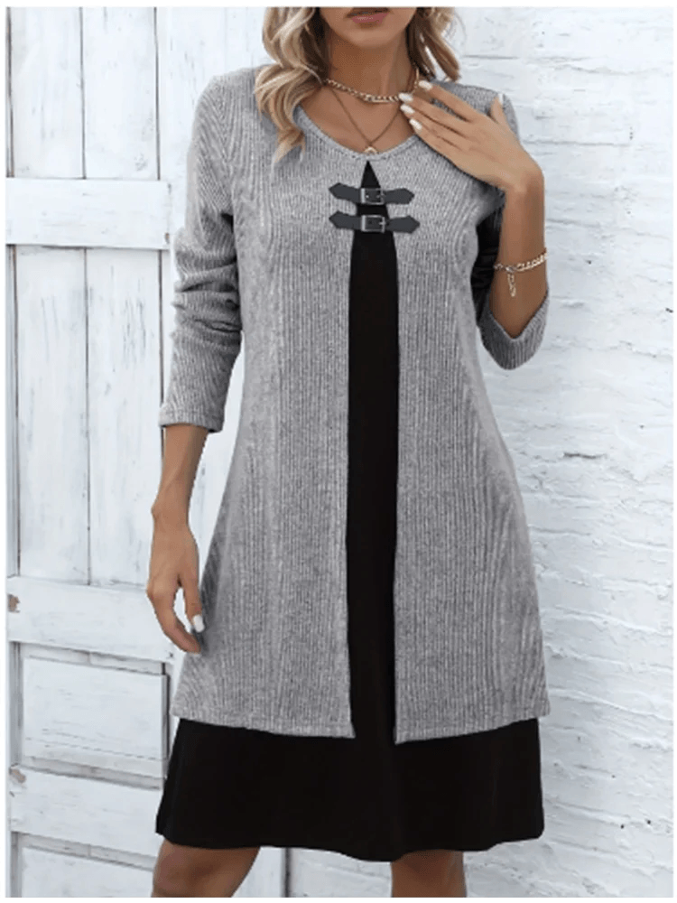 Women's One Piece Color Blocked Round Neck Dress Lady Long Sleeved Button Up Dress Autumn Casual Elegant Dress - Chicmei