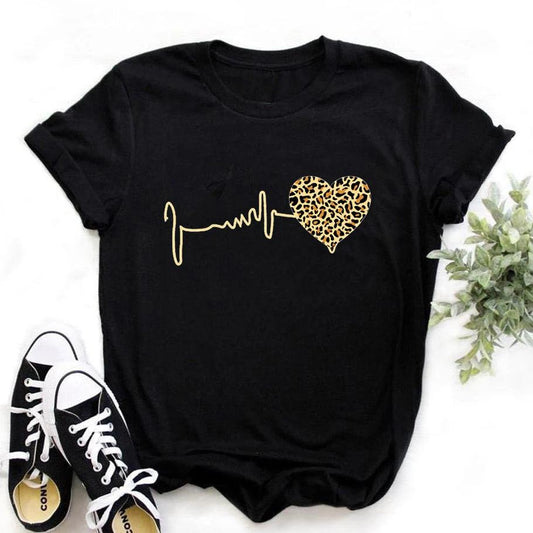 Summer New 90 's Leopard Heartbeat Short Sleeve Print Clothing Women's T-Shirt Harajuku Graphic Clothing Women's Top,Drop Ship - Chicmei