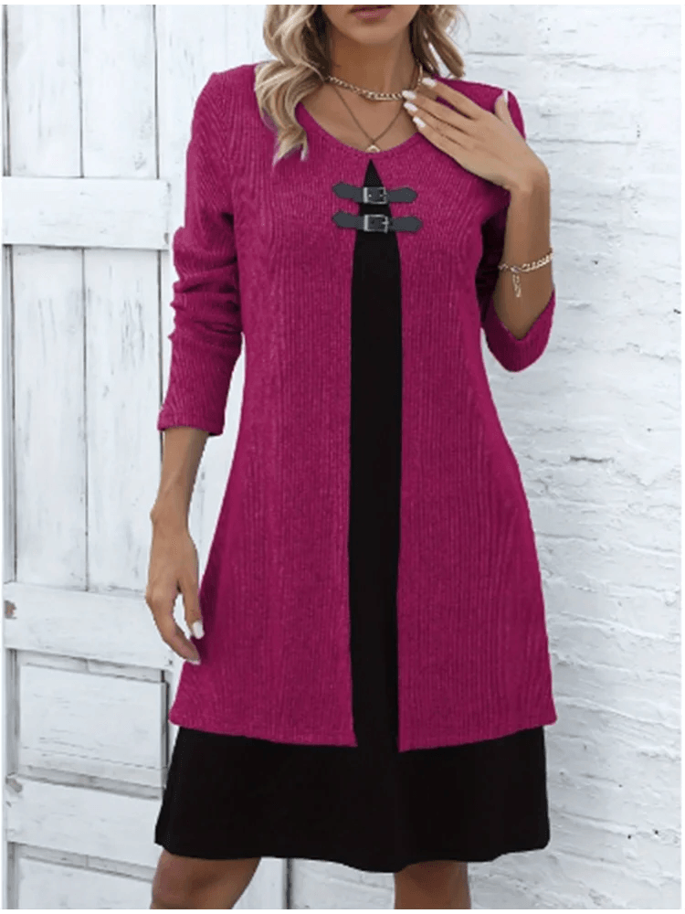 Women's One Piece Color Blocked Round Neck Dress Lady Long Sleeved Button Up Dress Autumn Casual Elegant Dress - Chicmei