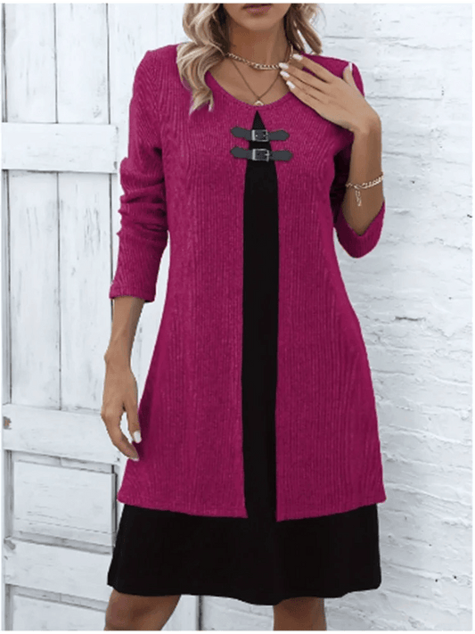 Women's One Piece Color Blocked Round Neck Dress Lady Long Sleeved Button Up Dress Autumn Casual Elegant Dress - Chicmei
